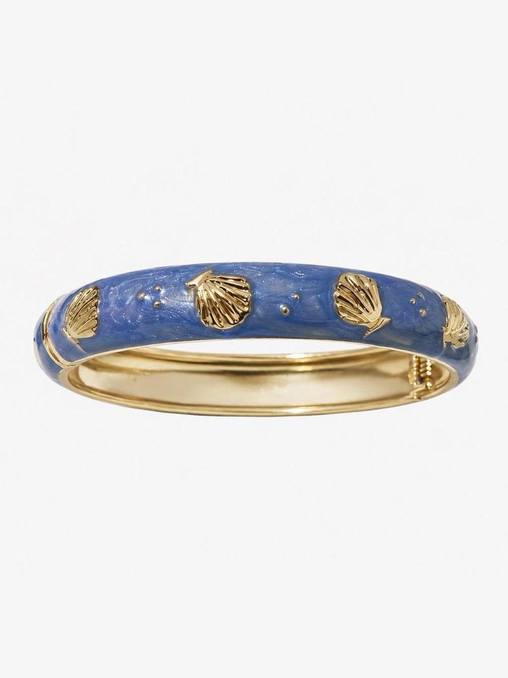 Blue Enamel Seashell Hinged Bangle Bracelet Gold Tone Coastal Jewelry